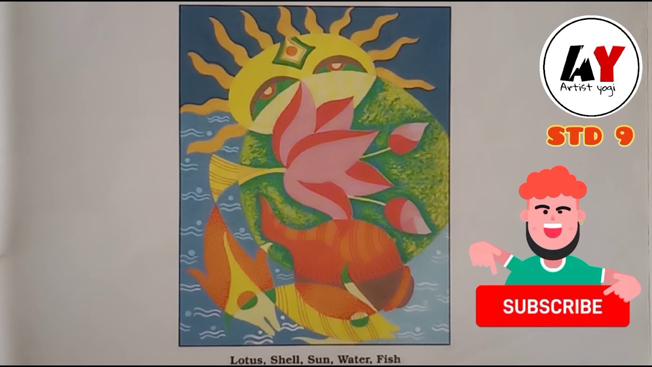 STD-9th subject- Drawing topic -creative design ( shell lotus sun water  fish) - YouTube